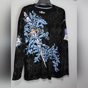 Kaalu Streetwear Skull Ribbed Black and Blue Graphic Long Sleeve Shirt Sz Medium